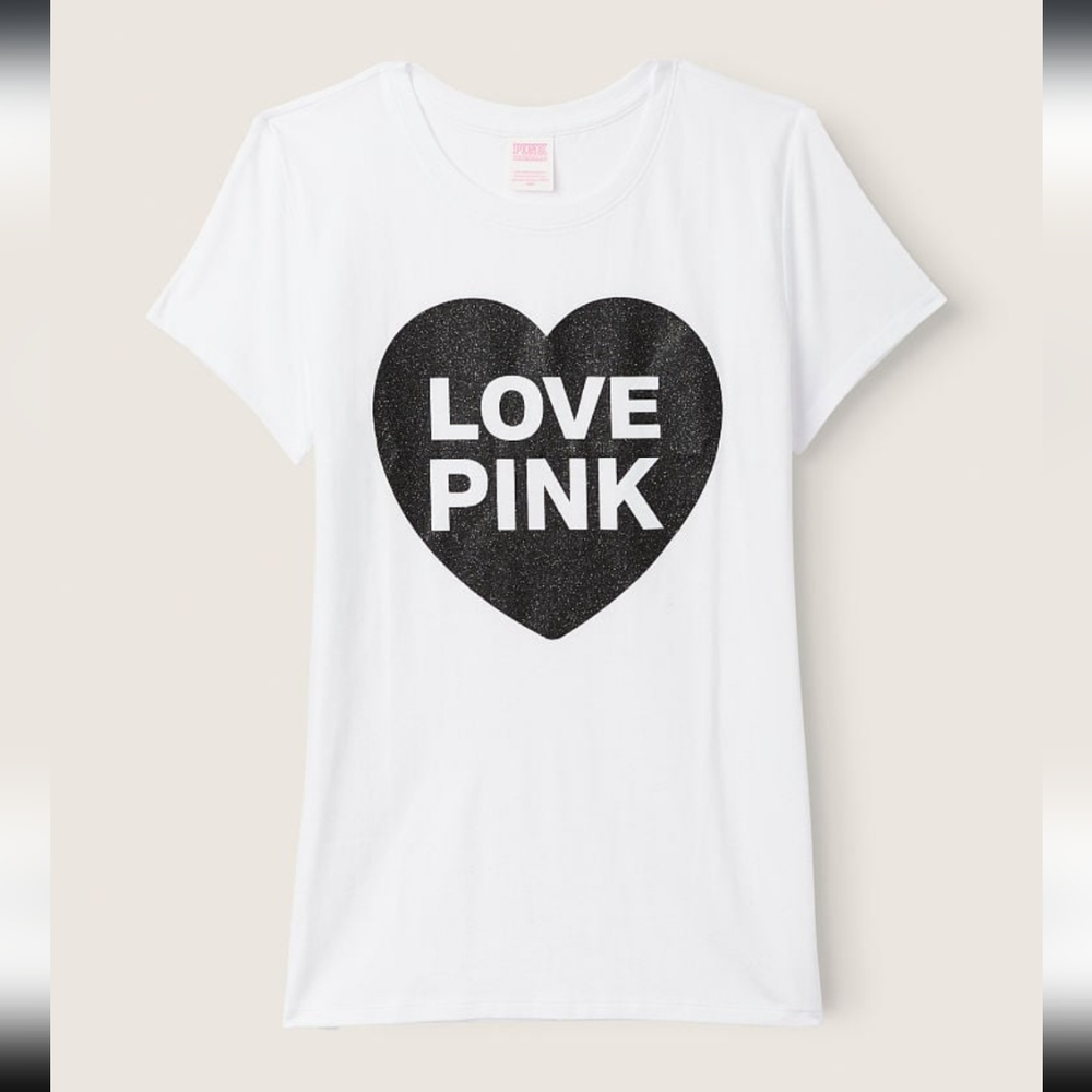 VS Pink•NWT•Knit S/S Perfect Tee•Optic White Pink Originals Shine